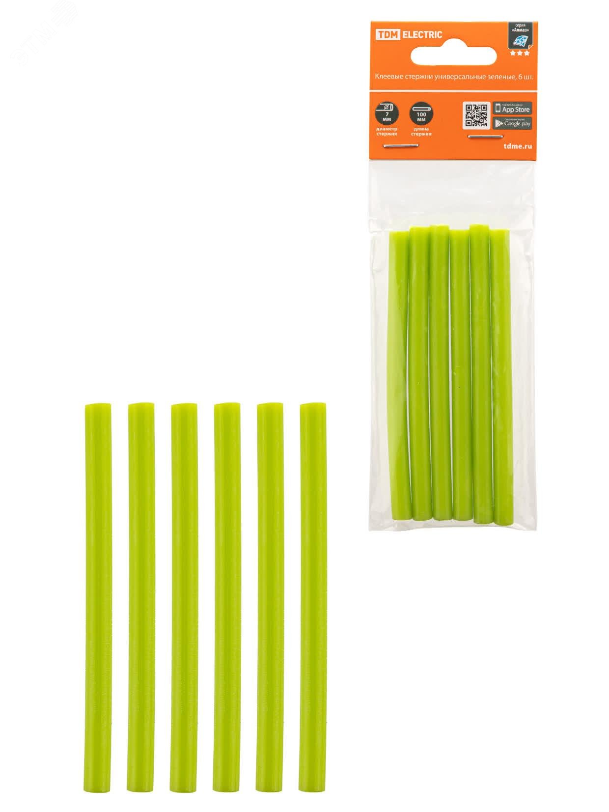 Изображение товара Стержни клеевые универсальные зеленые, 7 мм x 100 мм, 6 шт, ''Алмаз'' (упак)