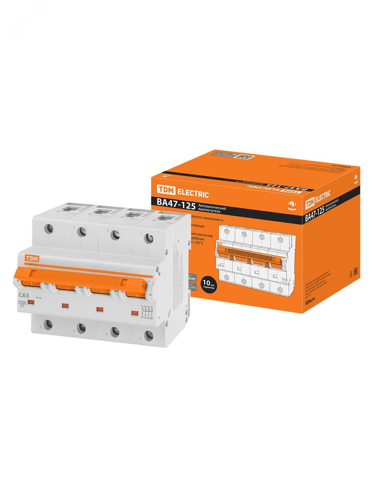 Изображение товара Выключатель автоматический ВА47-125 четырехполюсный 63А 15кА характеристика С (шт)