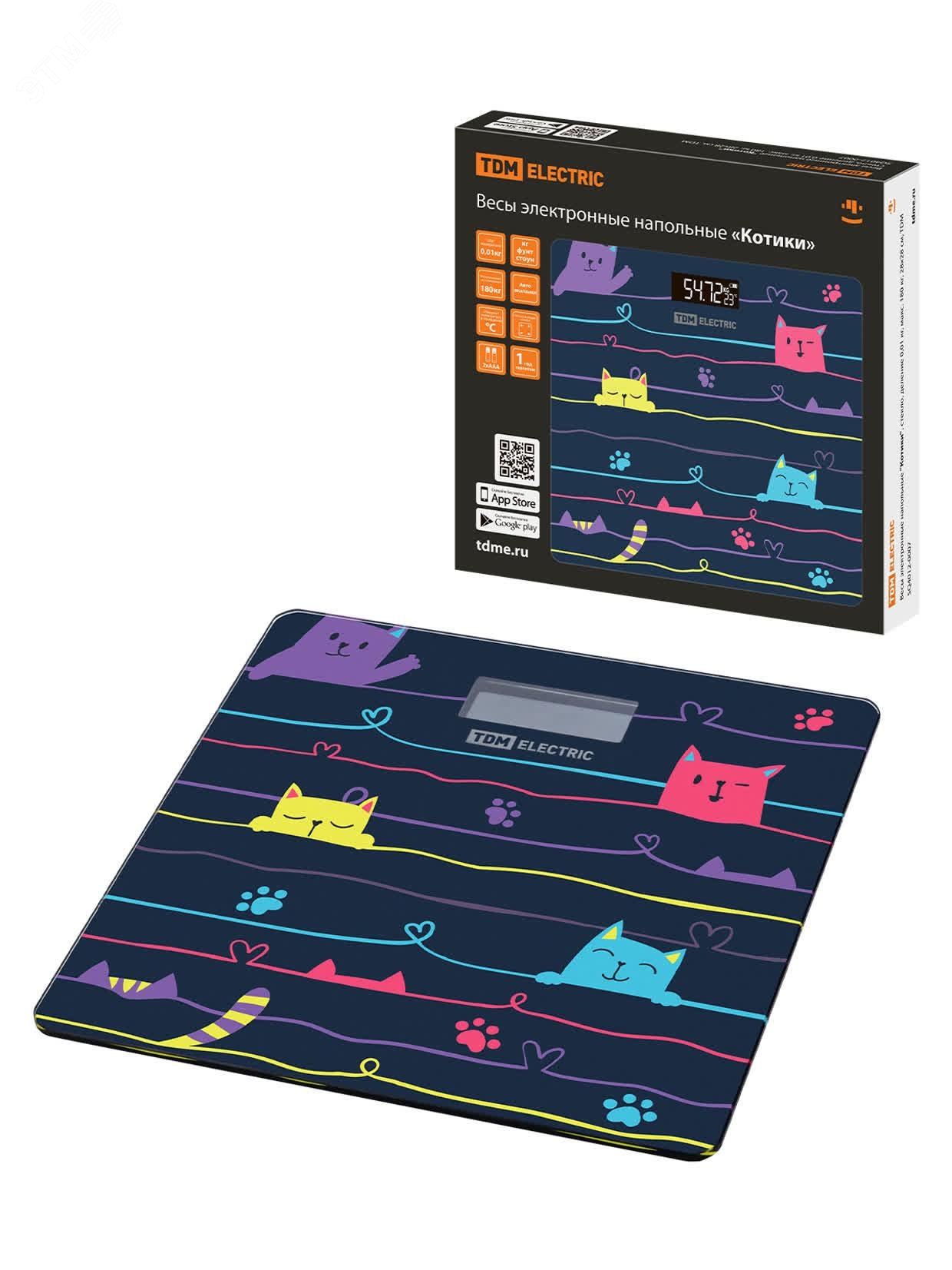Изображение товара Весы электронные напольные Котики 180 кг 28x28 см