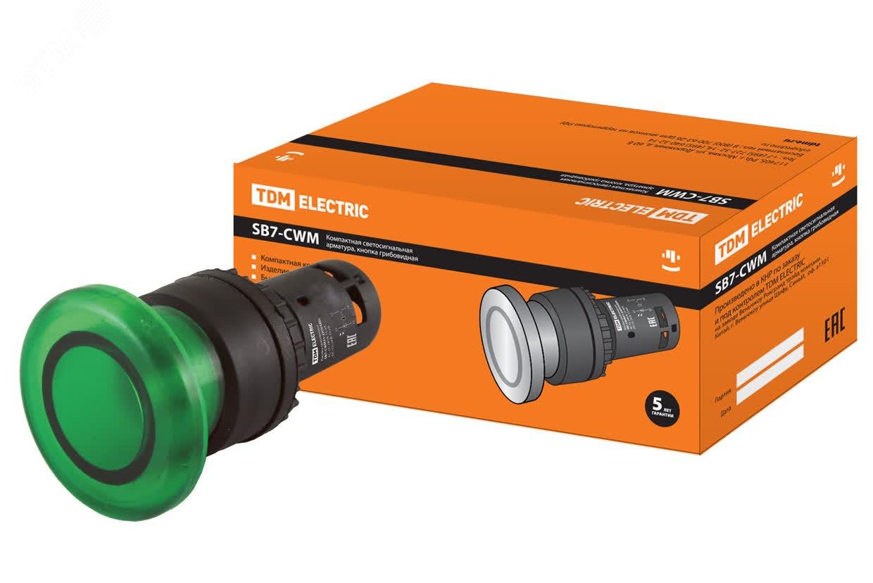 Изображение товара SB7-CWM31 LED 220V зеленая кнопка грибовидная 22мм