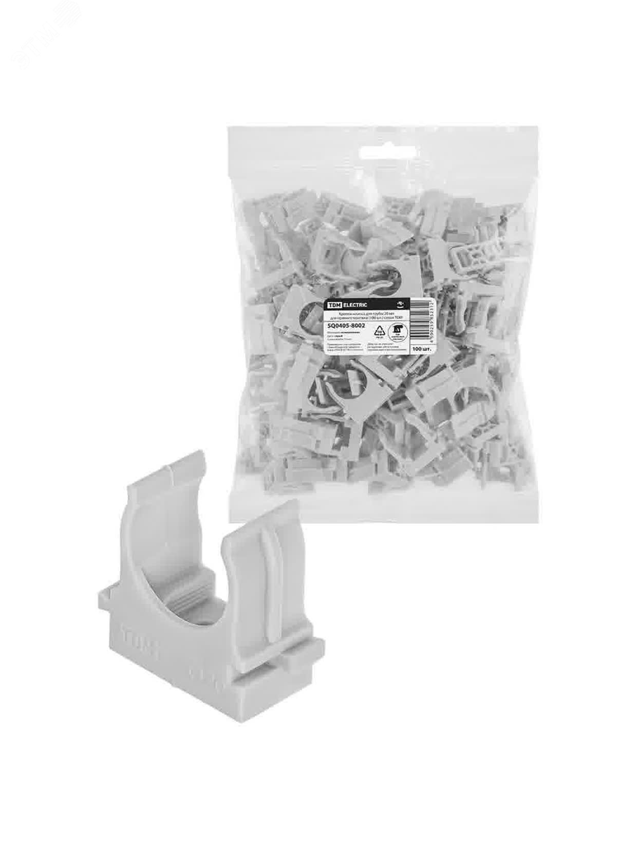 Изображение товара Крепеж-клипса для трубы 20 мм для прямого монтажа 100 шт. серая TDM (шт)