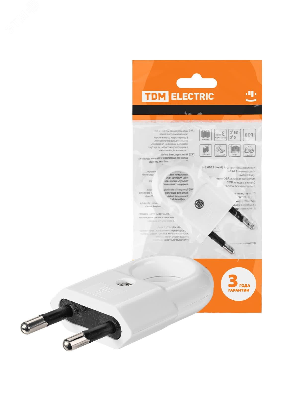 Изображение товара Вилка без заземления с кольцом белая 10А 250В евровилка CEE 7/16 TDM SQ1806-0189