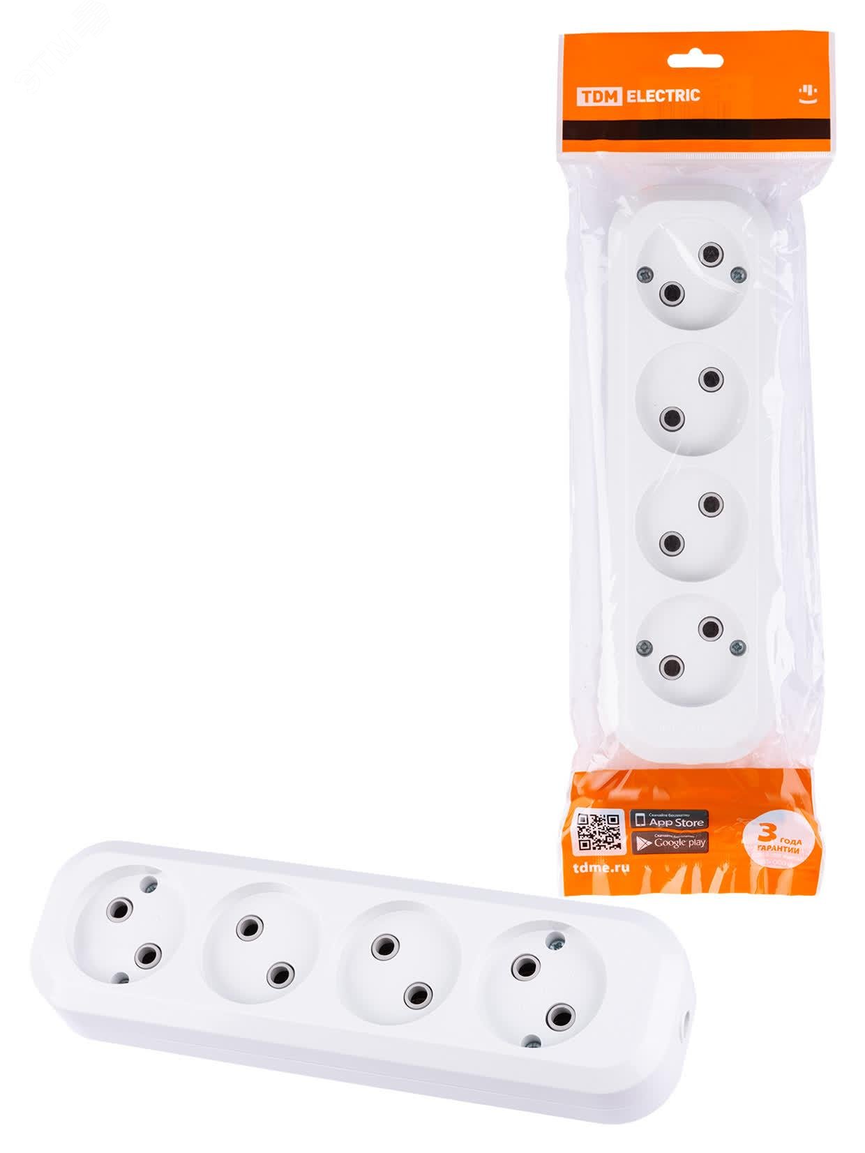 Изображение товара Колодка розеточная 4 гнезда 2П без заземления 10А 250В белая ТDM ELECTRIC