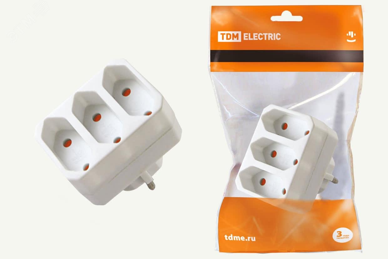 Изображение товара Разветвитель электрический на 3 гнезда 2,5 А 250 В V под плоскую вилку TDM