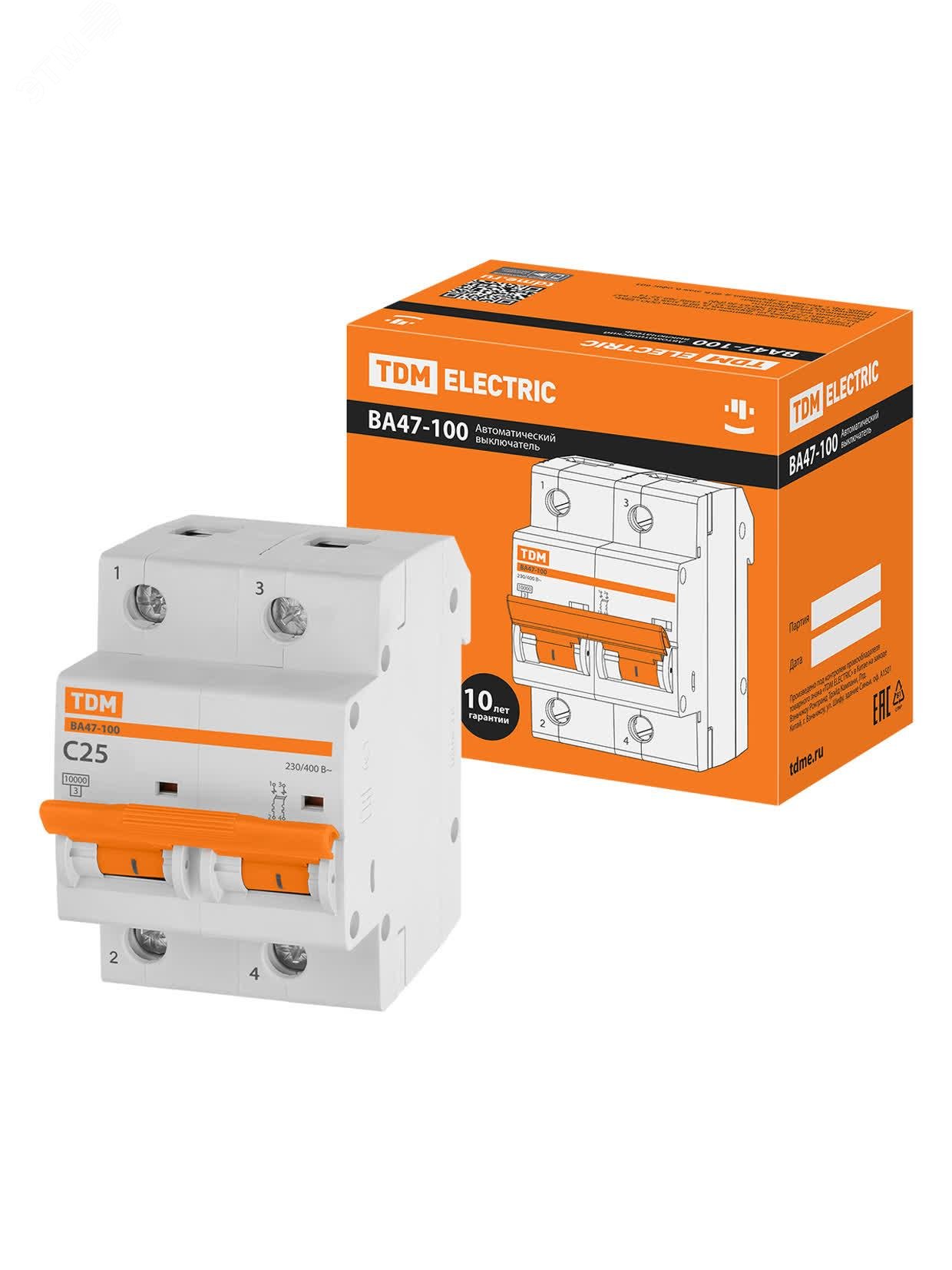 Изображение товара Автоматический выключатель ВА47-100 2П 25А 10кА характеристика C TDM