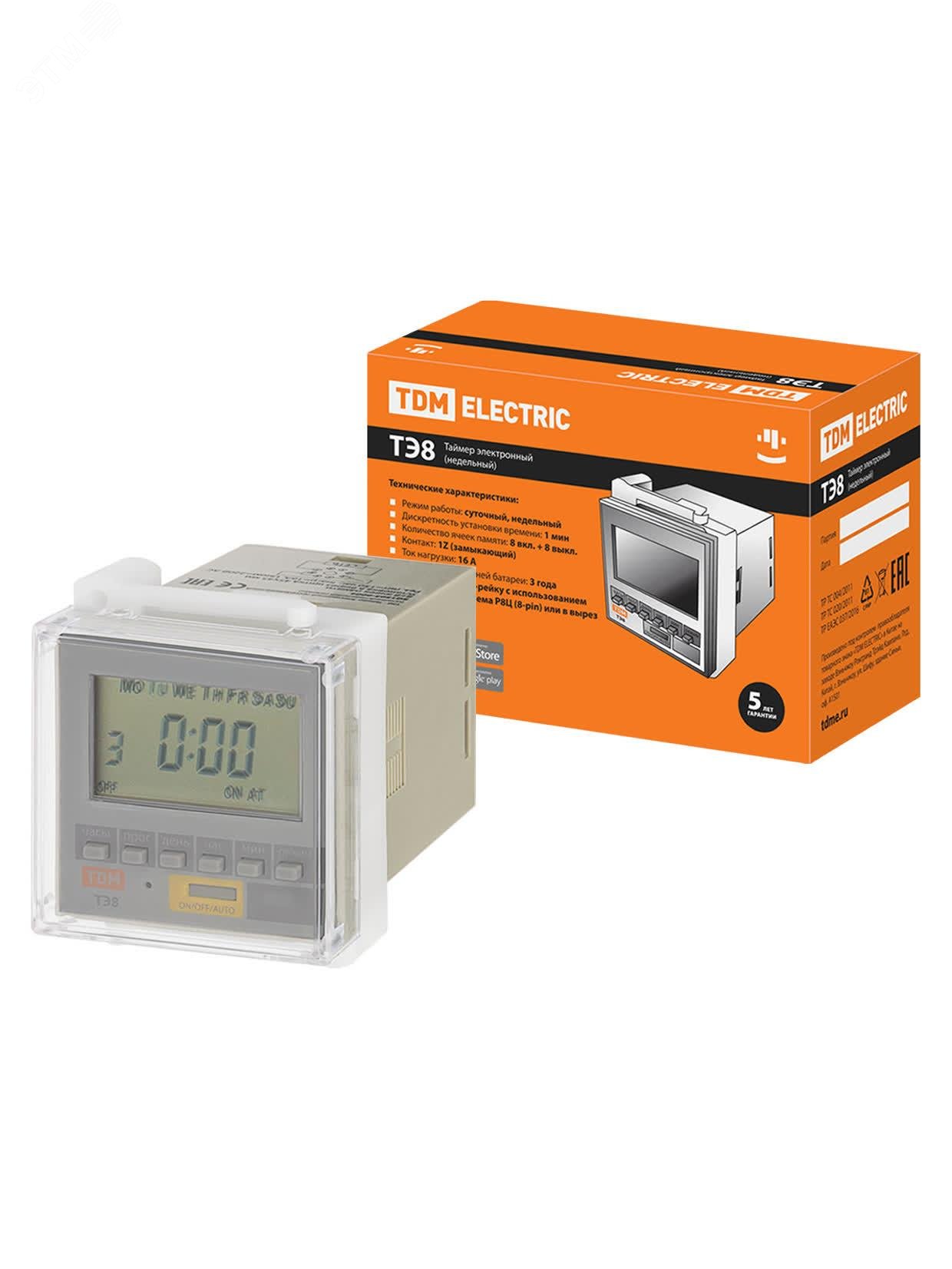 Изображение товара Электронный таймер ТЭ8-1мин/7дн-8on/off-16А-8Ц/Щ TDM