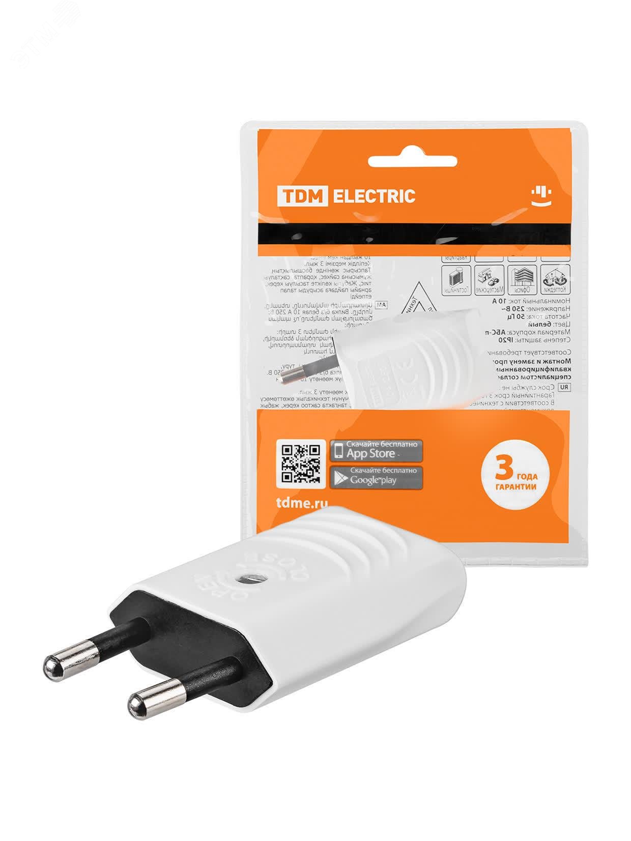 Изображение товара Вилка б/з белая 10А 250В евровилка CEE 7/16 прямой вывод проводника TDM