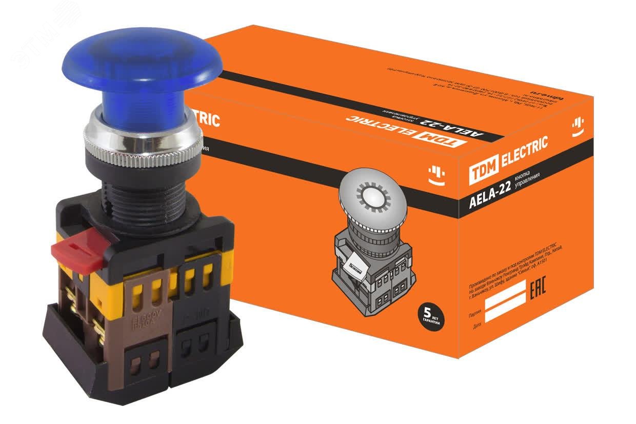 Изображение товара Кнопка AELA-22 ''Грибок'' синий d22мм неон/230В 1з+1р (шт)