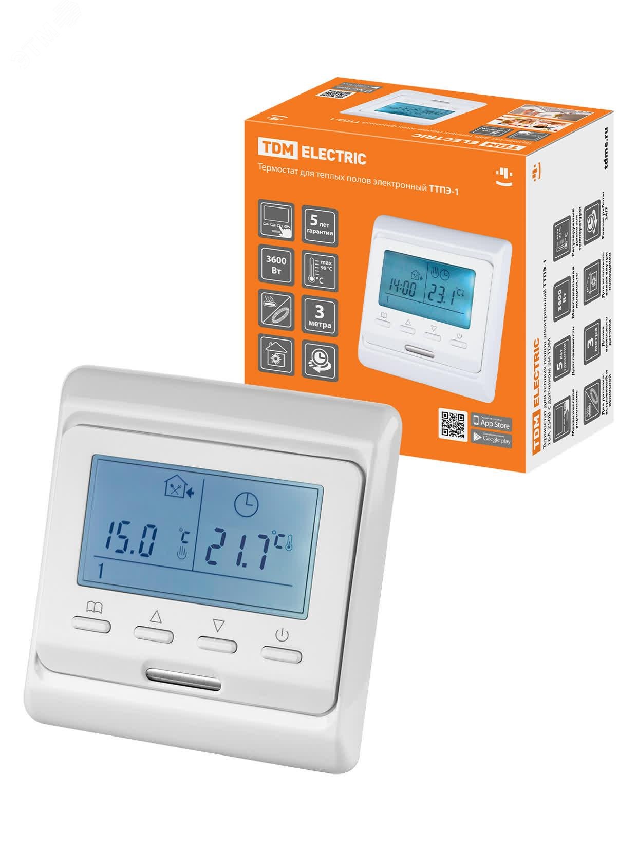 Изображение товара Электронный термостат для теплых полов ТТПЭ-1 16А 250В с датчиком 3м TDM
