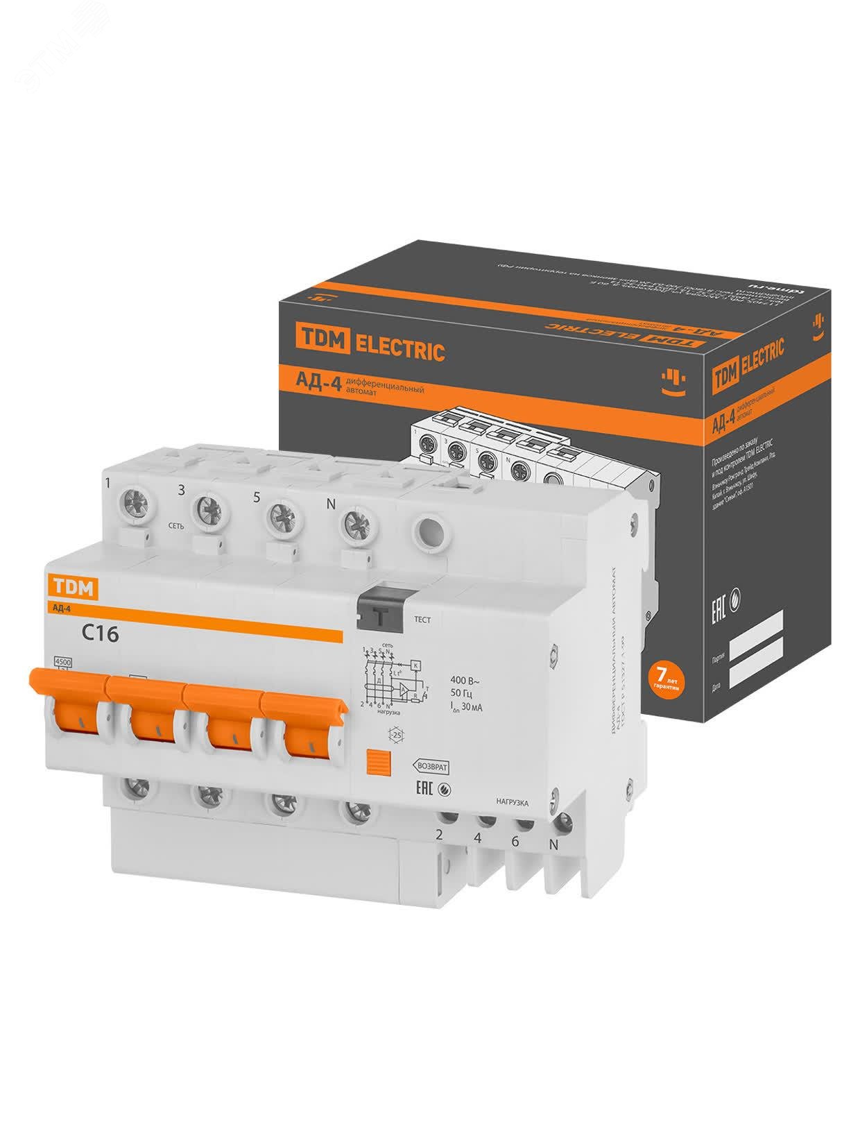 Изображение товара Выключатель автоматический дифференциального тока АД-4 16А 30мА для трехфазных сетей