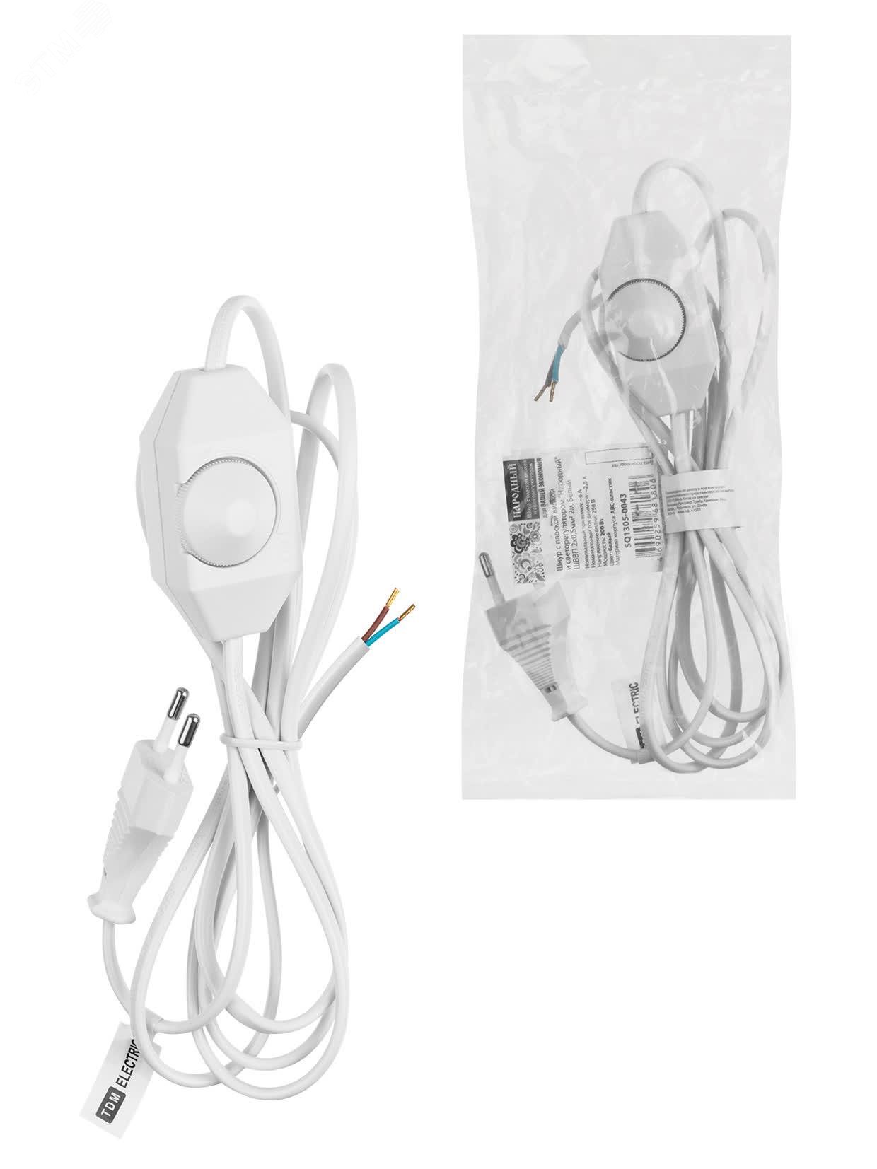 Изображение товара Шнур с плоской вилкой и светорегулятором Народный ШВВП 2х0,5 мм2, 2м, белый (шт)