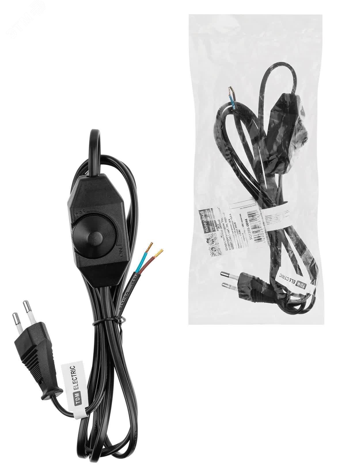 Изображение товара Шнур с плоской вилкой и светорегулятором Народный ШВВП 2х0,5 мм2, 2м, черный (шт)