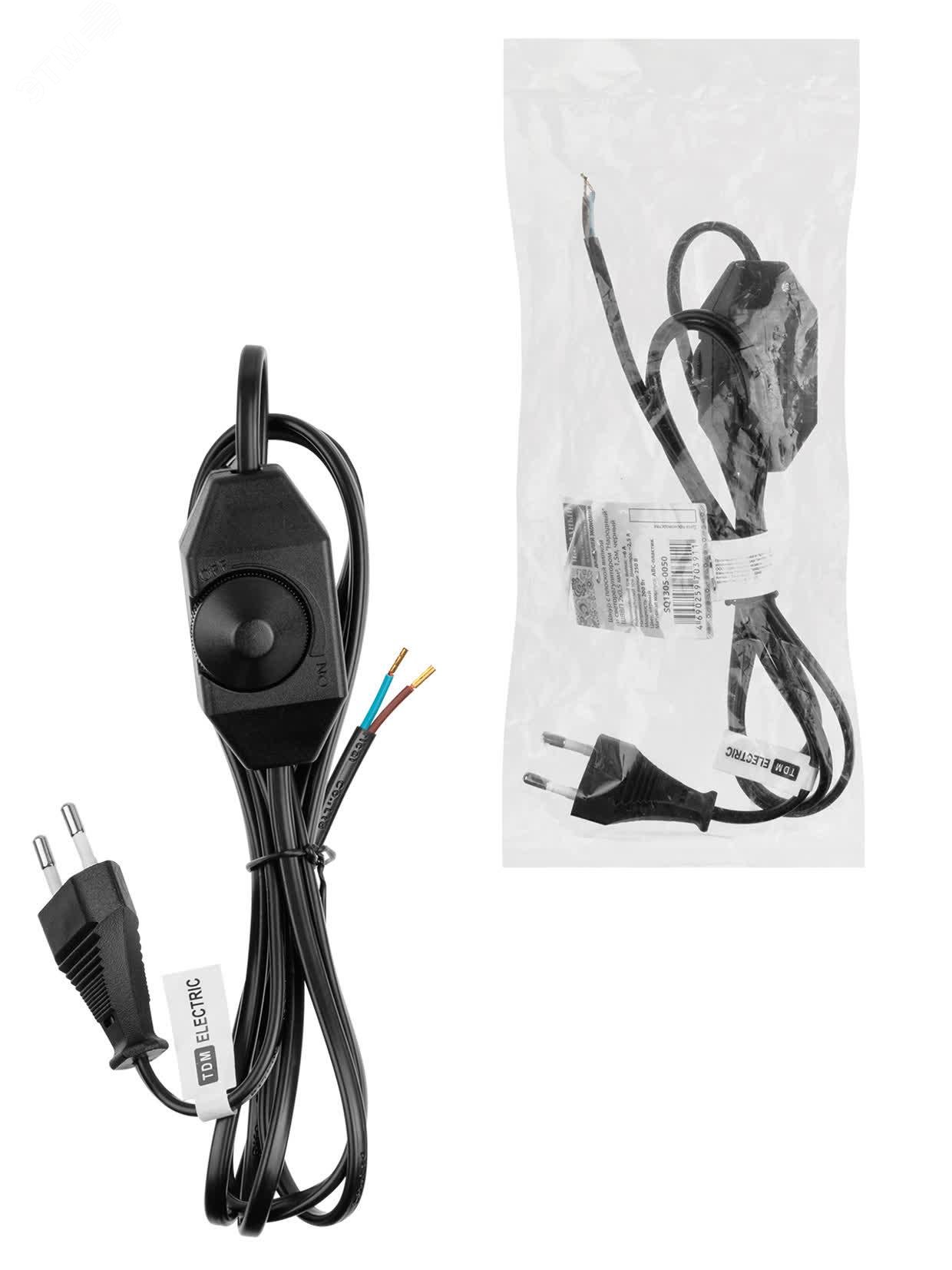 Изображение товара Шнур с плоской вилкой и светорегулятором Народный ШВВП 2х0,5 мм2, 1,5м, черный (шт)