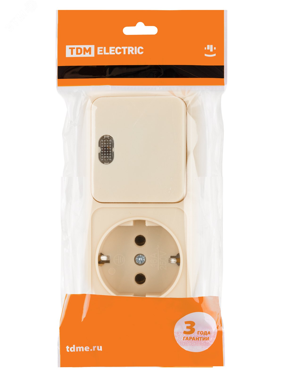 Изображение товара Блок комбинированный выкл. 1-кл. с/п 10А + розетка 2П+З 16А 250В IP20 Ладога TDM