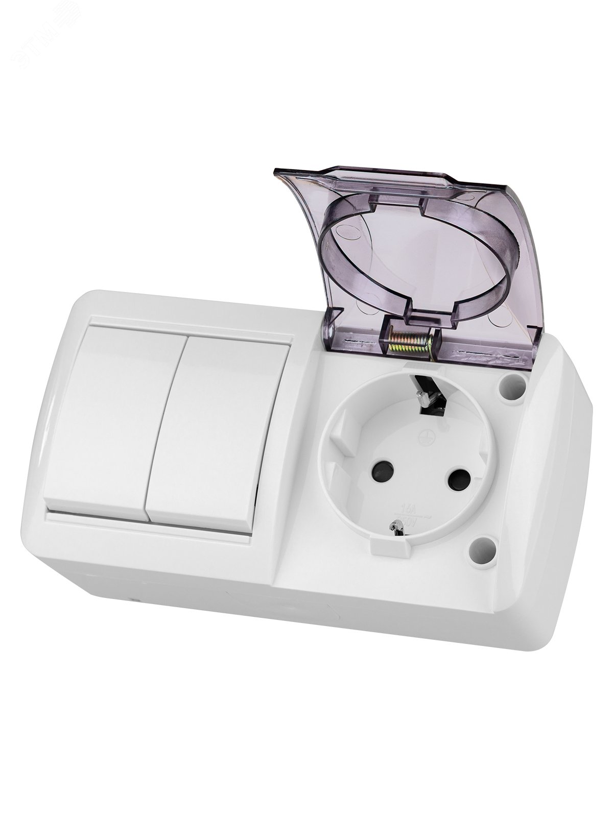 Изображение товара Блок выключатель 2-кл. 10А и розетка 2П+З 16А с защитой IP44 серия Селигер TDM