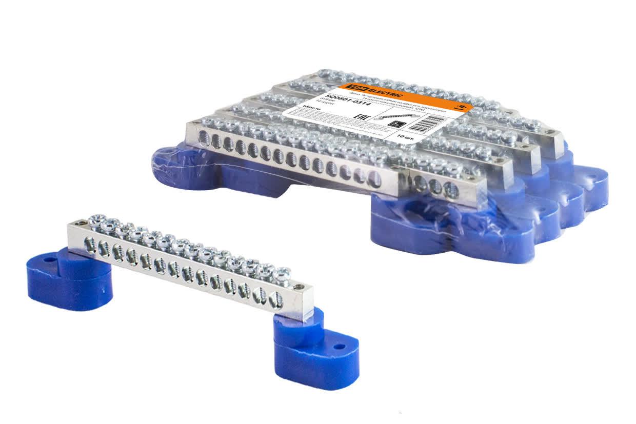 "Шина ""N"" нулевая 6х9мм на двух угл. изоляторах 14 групп никелированная TDM"