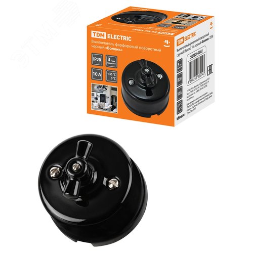 Изображение товара включатель фарфоровый поворотный черный 'Болонь' 10 А с ручкой (бантик) (шт)