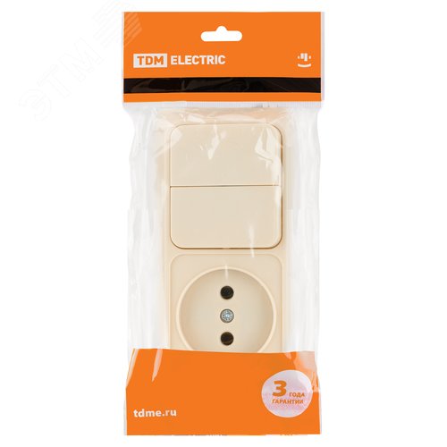 Изображение товара "Блок комбинированный выкл. 2-кл. 10А + розетка 2П 10А 250В БКВР IP20 сл. кость ""Ладога"" TDM" (упак)