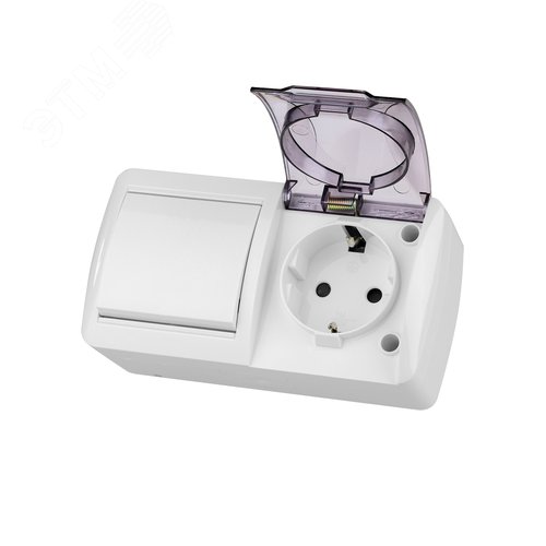Изображение товара "Блок выключатель 1-кл. 10А + розетка 2П+З 16А с защ. штор. с прозр. крыш. IP54 белый ""Селигер"" TDM" (упак)
