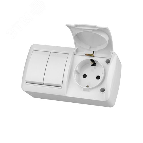 Изображение товара "Блок выключатель 2-кл. 10А + розетка 2П+З 16А с защ. штор. с крышкой IP54 белый ""Селигер"" TDM" (упак)