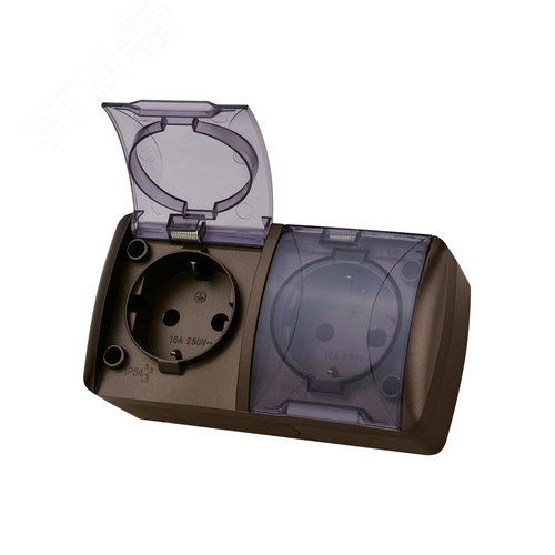 Изображение товара "Розетка двойная 2П+3 открытой установки IP54 16А с прозрачной крышкой шоколад ""Селигер"" TDM" (упак)