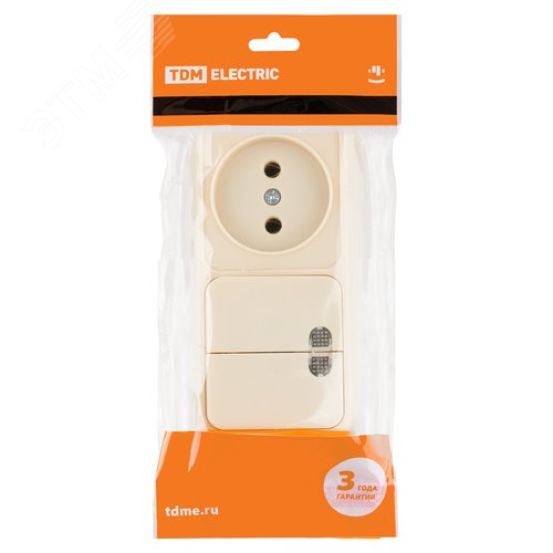 Изображение товара "Блок комбинированный выкл. 2-кл. с/п 10А + розетка 2П 10А 250В БКВР IP20 сл. кость ""Ладога"" TDM" (упак)