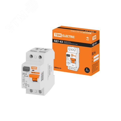 Изображение товара Устройство защитного отключения ВД1-63 двухполюсное 25А 30мА (шт)