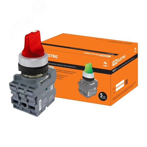 Изображение товара Переключатель на 2 положения с фиксацией M2SS1-21R короткая ручка(LED) d22мм/220B 1з+1р красный TDM (упак)