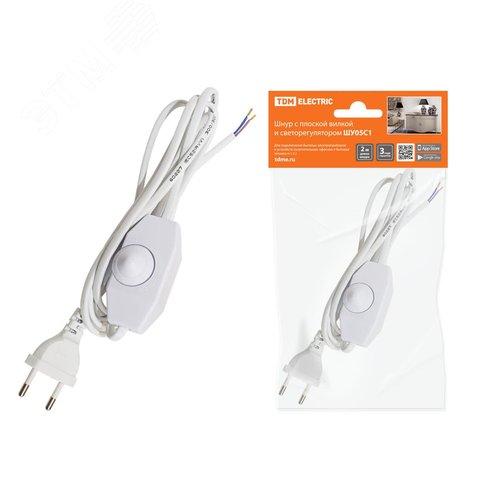 Изображение товара Шнур с плоской вилкой и светорегулятором ШУ05С1 (200Вт, RL) ШВВП 2х0,75мм2 2м. белый TDM (шт)