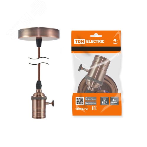 Изображение товара Патрон Е27 с выключателем с подвесом 1 м металлический Лофт медь (шт)