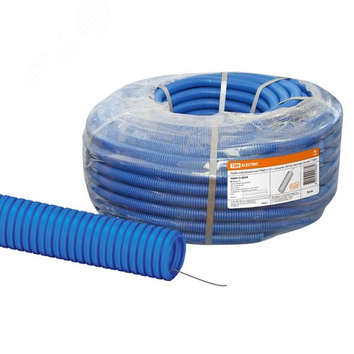 Изображение товара Труба гофрированная ПНД d 32 с зондом 50 м легкая 350Н синяя TDM (м)