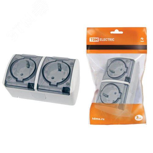 Изображение товара Розетка двойная 2П+3 открытой установки IP54 16А спрозрачной крышкой белая Селигер TDM (шт)