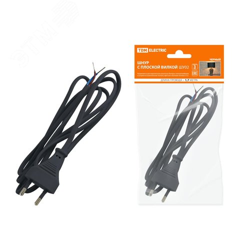 Изображение товара Шнур с плоской вилкой ШУ02 ШВВП 2х0,75мм2 1,7 м. черный TDM (шт)
