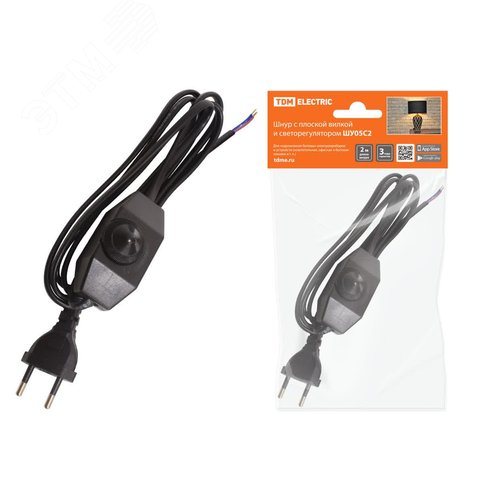 Изображение товара Шнур с плоской вилкой и светорегулятором ШУ05С2 (200Вт, RL) ШВВП 2х0,75мм2 2м. черный TDM (шт)