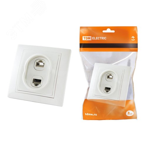 Изображение товара Розетка телефонная RJ11 + компьютерная RJ45 белая Таймыр TDM (шт)