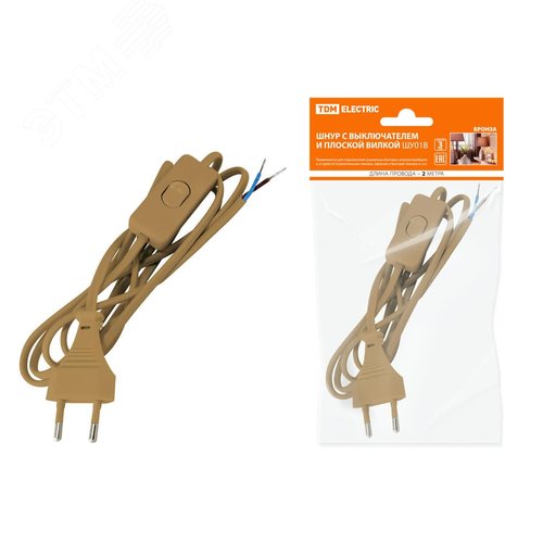 Изображение товара Шнур с выключателем и плоской вилкой ШУ01В ШВВП 2х0,75мм2 2м. бронза TDM (шт)