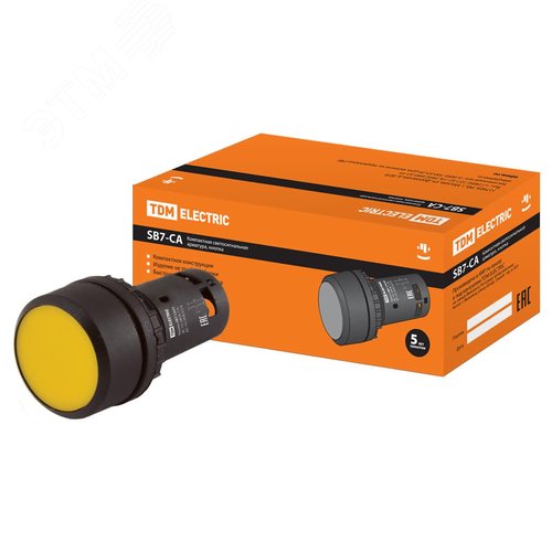 Изображение товара Кнопка SB7-CA55 с возвратом, 1НО+1НЗ, d22 мм, желтая, IP54 TDM (упак)