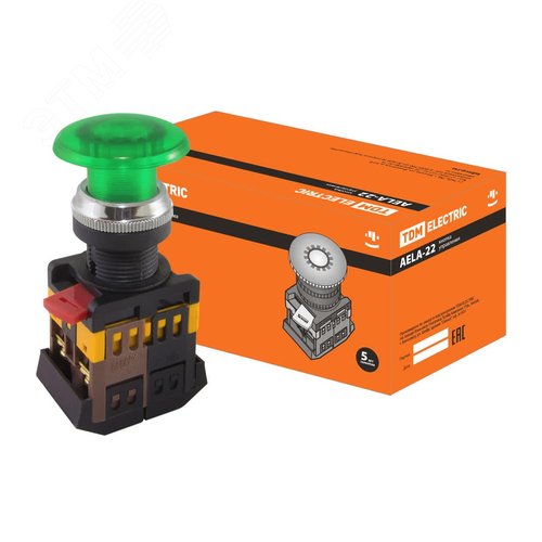 Изображение товара Кнопка AELA-22 ''Грибок'' зеленый d22мм неон/230В 1з+1р (шт)