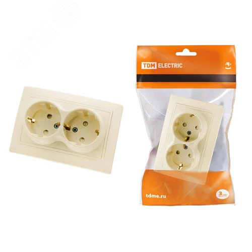 Изображение товара Розетка двойная 2П+З с защ. шт. 16А 250В (основание керамика) сл. кость Таймыр TDM (шт)