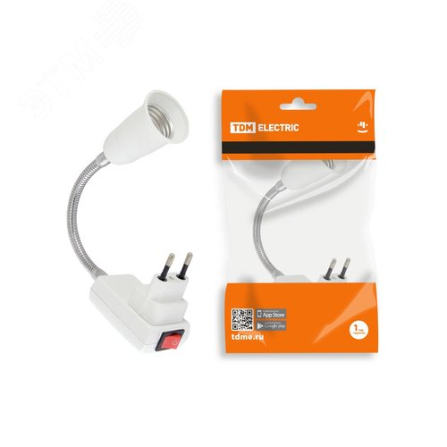 Изображение товара Переходник вилка-Е27 гибкий 150 мм с выключателем белый (шт)