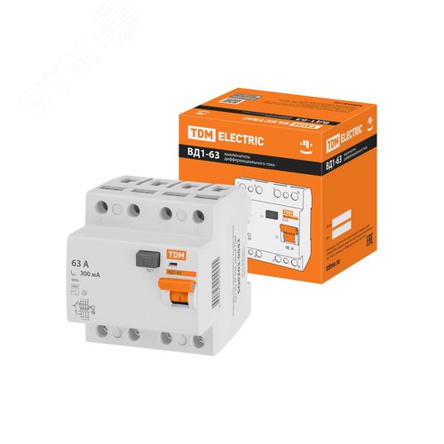 Изображение товара Устройство защитного отключения ВД1-63 четырехполюсное 63А 300мА (шт)
