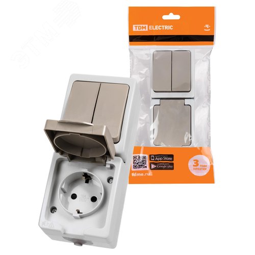 Изображение товара Блок комбинированный (вертикальный) выключатель двухклаишный + розетка 2П+З с з/ш БКВР IP54 ''Вуокса'' (шт)