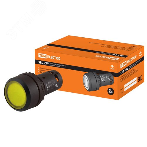 Изображение товара Кнопка SB7-CW3561-220V(LED) d22мм 1з, желтая (шт)