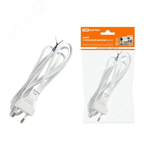Изображение товара Шнур с плоской вилкой ШУ02 ШВВП 2х0,75мм2 1,7 м. белый TDM (шт)