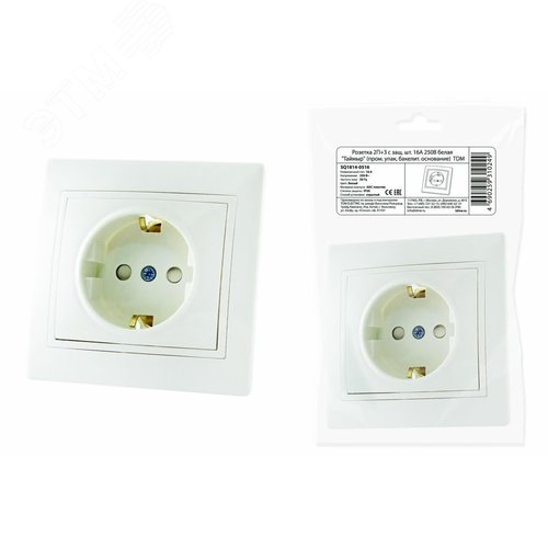 Изображение товара Розетка 2П+З с защ. шт 16А 250В белая ''Таймыр'' (пром упак, бакелит. основание) (шт)