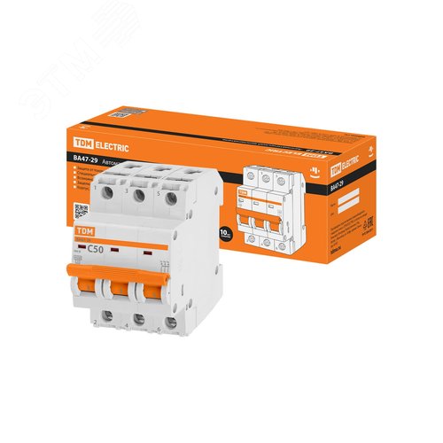Изображение товара Выключатель автоматический ВА47-29 трехполюсной 50А 4,5кА характеристика С (шт)