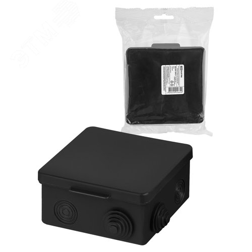 Изображение товара Распаячная коробка ОП 100х100х55мм крышка IP54 8вх. черная инд. штрихкод TDM (шт)