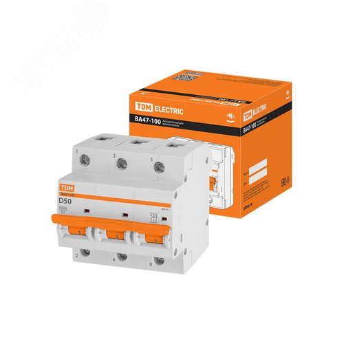Изображение товара Выключатель автоматический ВА47-100 трехполюсной 50А 10кА характеристика D (шт)