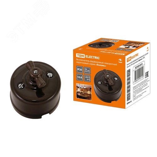 Изображение товара Выключатель фарфоровый поворотный с ручкой (бантик) 10А коричневый «Болонь» TDM (шт)