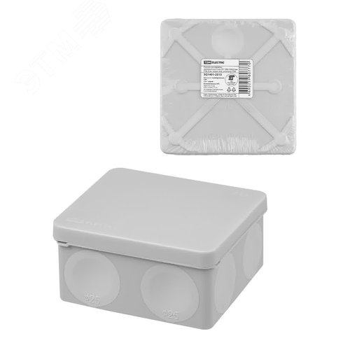 Изображение товара Распаячная коробка двухкомпонентная ОП 100х100х50 мм IP66 8 вх. серая инд. штрихкод TDM (шт)